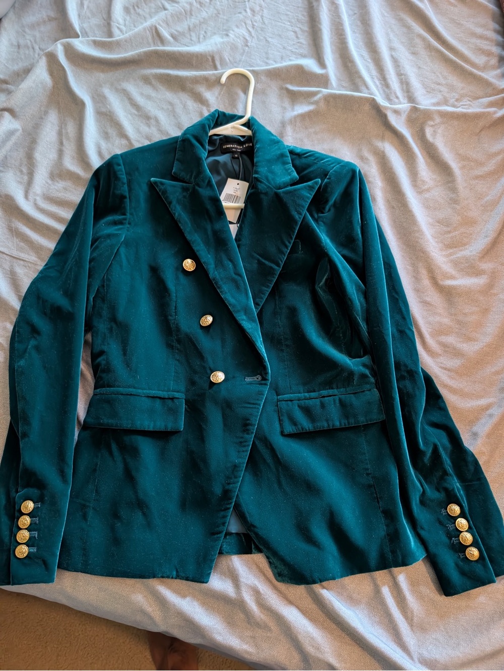 Generation Love Emerald Velvet Double-Breasted Blazer with Gold Buttons